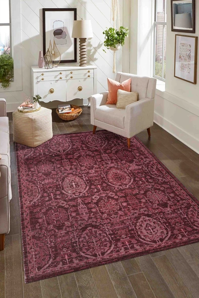 Antik 1116 Klasik Vintage Eskitme Salon Halısı Bordo Retro Mutfak Halısı Tozumaz İnce Makine Halısı ürün görseli 1