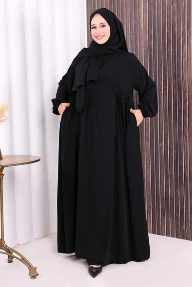 Şallı Kruvaze Namaz Elbisesi  6027 Siyah ürün görseli 1