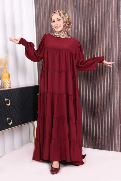 Dubai Katlı Salaş Elbise 6023 Bordo ürün görseli 1