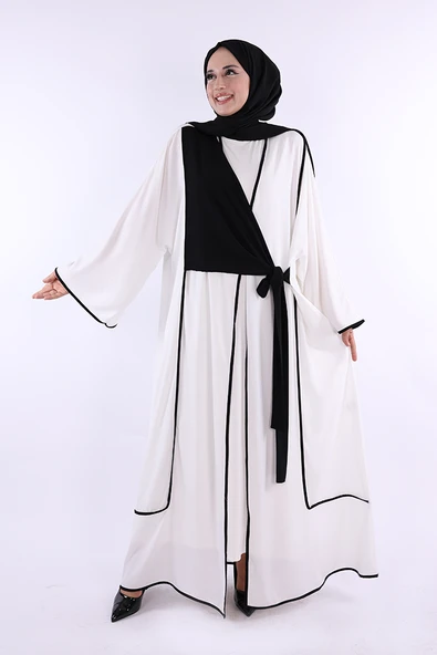 Önden Bağlama Detaylı Abaya 70005 Ekru ürün görseli 1