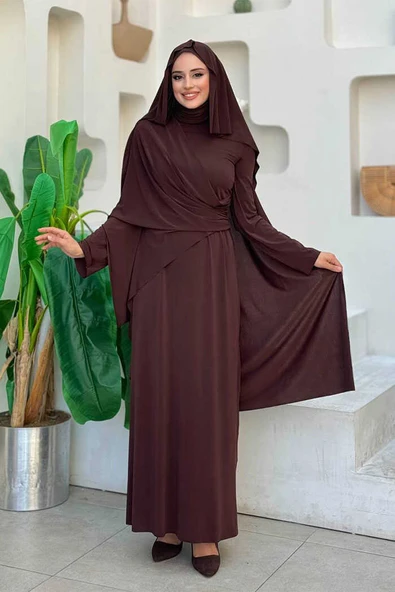 Şallı Drape Detaylı Sandy Elbise 3922 Kahverengi ürün görseli 1