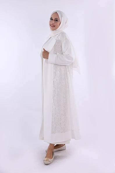 Yakalı Dantel Güpür Detay Abaya 7830 Ekru ürün görseli 1