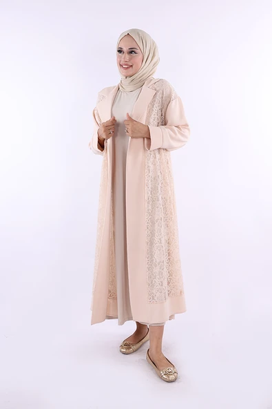 Yakalı Dantel Güpür Detay Abaya 7830 Taş ürün görseli 1