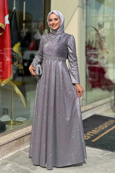 Simli Taş Detaylı Abiye 3934 Gri - Resim 4