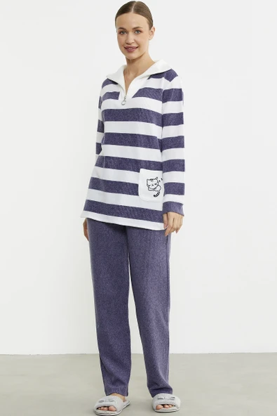 Kalın Çizgi Detaylı Pijama Takım - Mor ürün görseli 1