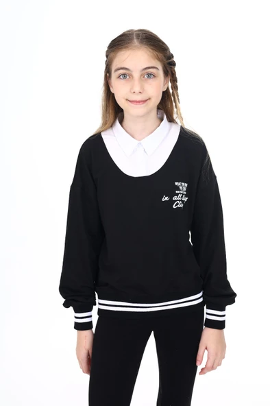 Toontoy Kız Çocuk Relax Fit Polo Yaka Düşük Omuz Baskılı Okul Sweatshirt - Garnili & 2 İplik ürün görseli 1