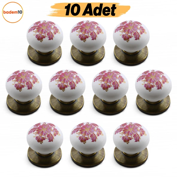 Polimer Antik Sarı 10 ADET Düğme Kulp Pembe Desenli Mobilya Mutfak Dolabı Çekmece Dolap Kulpu Kulbu ürün görseli 1