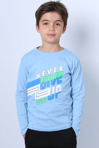 ERKEK ÇOCUK UZUN KOLLU TSHİRT NEVER GİVE UP BASKILI BİSİKLET YAKA D10 ürün görseli 1