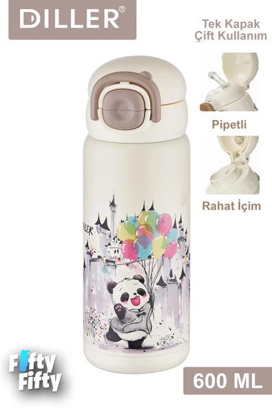 DILLER 600 ML Tek Kapak Çift Kullanım Pipetli/Pipetsiz Taşıma Kulplu Vacum Cup/Çelik Termos -FFDILLERD9252 ürün görseli 1
