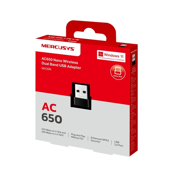 MERCUSYS MA20N AC650 NANOWi-Fi USB 2.0 ADAPTÖR ürün görseli 1