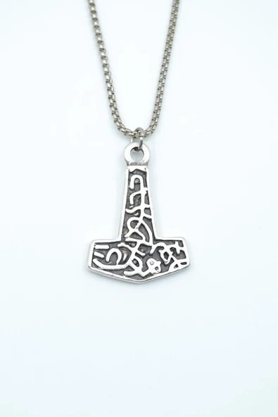 Thor Mjollnir Hammer Gümüş Kaplama Örme Zincir Kolye ürün görseli 1