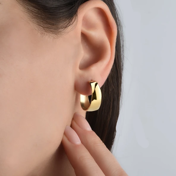14 Ayar Altın Kaplama Kalın Halka Gümüş Küpe - Minimal Gold Klasik Kadın Küpe ürün görseli 1