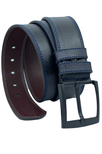 Siyah Suni Deri Lacivert Çift Dikişli 4.5 cm.lik Unisex Spor Kemer ürün görseli 1
