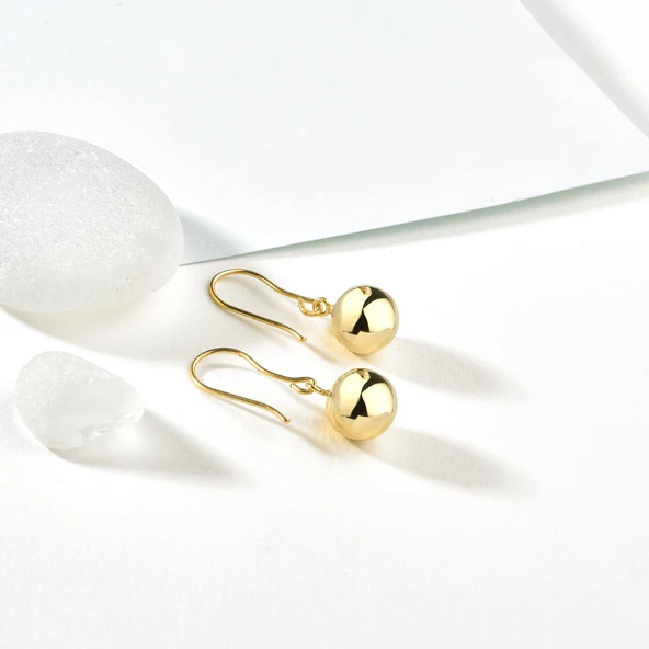 14 Ayar Altın Kaplama Parlak Top Sallantılı Gümüş Küpe - Minimal Kancalı Kadın Küpe - E00283 ürün görseli 1