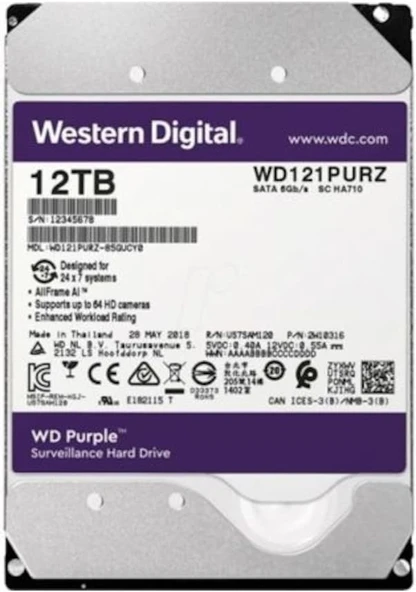 WESTERN DİGİTAL Purple Pro 12TB 7200rpm 256MB Sata3 7/24 Güvenlik 3.5" Harddisk (WD121PURP) ürün görseli 1