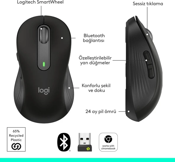 Logitech M650 Signature 910-006236 Siyah Sessiz Büyük Boy Sağ El Optik Kablosuz Mouse ürün görseli 1
