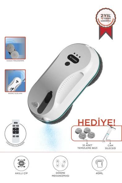 Torima S9 Beyaz Su Püskürtmeli Uzaktan Kumandalı Cam Pencere Temizleme Robotu ürün görseli 1