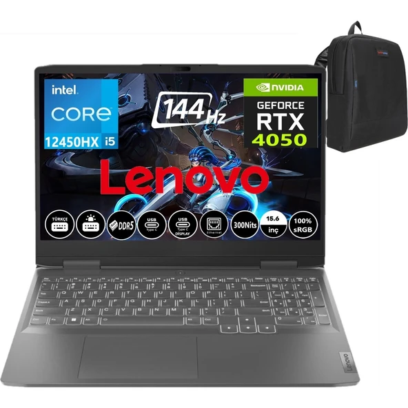 Lenovo Loq 15IRX9 Intel Core I5-12450HX 16GB Ddr5 Ram 1tb SSD RTX4050 6gb 144Hz Freedos 15.6" Fhd Taşınabilir Bilgisayar 83GS007WTR02+WEBLEGELSINÇANTA ürün görseli 1