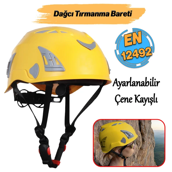 Dağcı Tırmanma Bareti Sarı Renk Baş Koruyucu Kask CE En12492 Sertifikalı 51-62 cm Ayarlanabilir ürün görseli 1