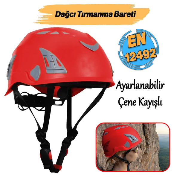 Dağcı Tırmanma Bareti Kırmızı Renk Baş Koruyucu Kask CE En12492 Sertifikalı 51-62 cm Ayarlanabilir ürün görseli 1
