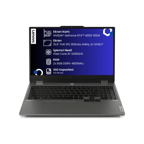 LOQ 15IAX9 Intel Core i5 12450HX 16GB 512GB SSD RTX4050 15.6" FHD Freedos Taşınabilir Bilgisayar 83GS002TTR ürün görseli 1
