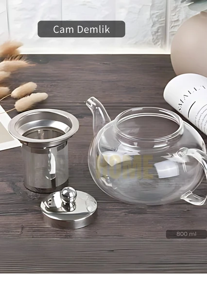 Cam Demlik Borasilikat Demlik Çelik Süzgeçli Çay Demliği Isıya Dayanıklı Bitki Çayı Demlik 800 ml ürün görseli 1