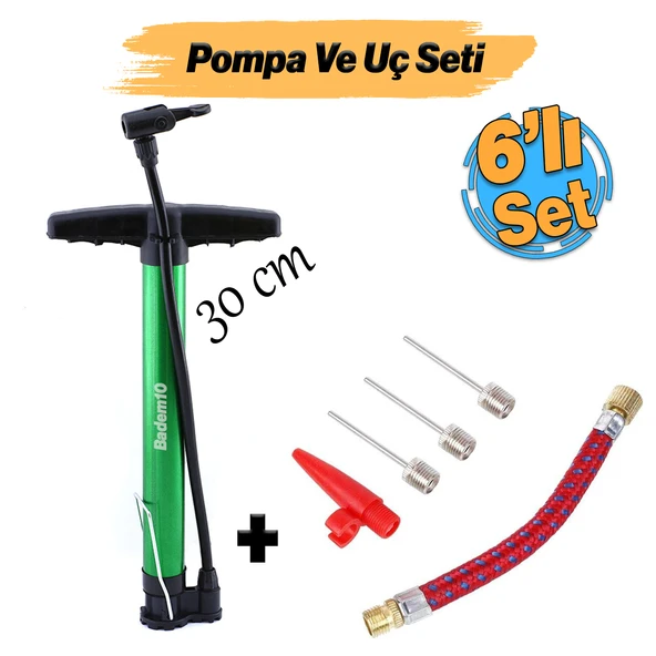 Bisiklet Pompa Seti 30 cm El Tipi Ayak Tutamaklı Hava Top Şişirme Plastik Başlıklı Borulu İğne Uçlu ürün görseli 1
