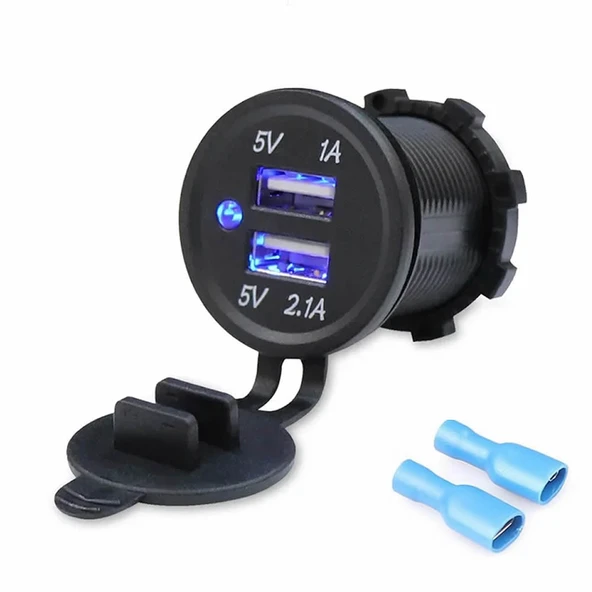 Dual Usb Çıkış 30V to 5V Su Geçirmez Çift Usb Çıkış Güç Kaynağı  12V/24V to 5V 1A 2.1A Otomobil Motosiklet Tekne Araç Şarj Cihazı Panel Tip Montaj Plastik Koruma Kapağı ürün görseli 1