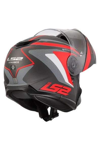 LS2 Strobe 2 Çene Açılır Kask Phantom Mat Tıtanıum Gri Kırmızı - Resim 3