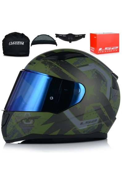 LS2 RAPID II THUNDER BIRDS MAT YEŞİL MOTOSİKLET KASKI MAVİ CAMLI + Şeffaf Camlı ürün görseli 1