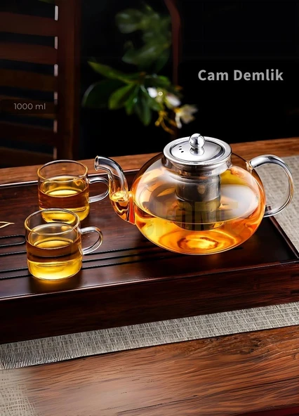 Cam Demlik Borasilikat Demlik Çelik Süzgeçli Çay Demliği Isıya Dayanıklı Bitki Çayı Demlik 1000 ml ürün görseli 1