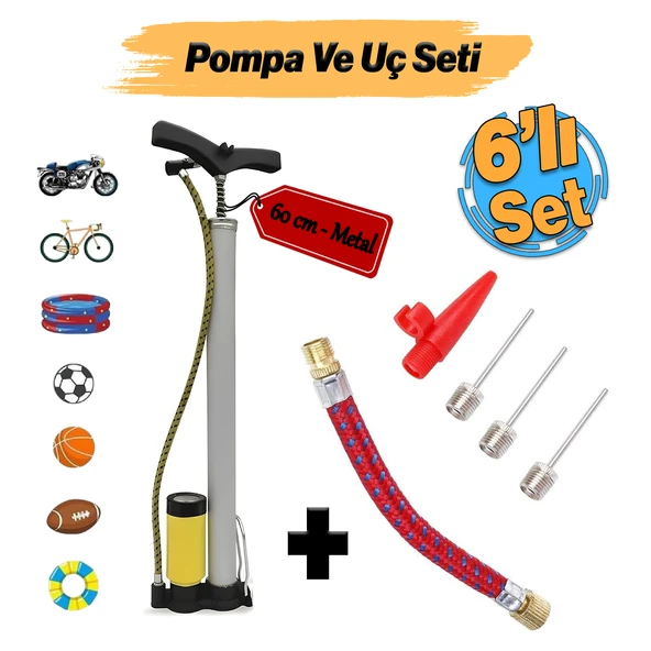 Metal El Tipi Göstergeli Bisiklet Pompası ve Pompa Ucu Seti Ayak Tutamaklı Top Teker Şambrel Şişirme ürün görseli 1