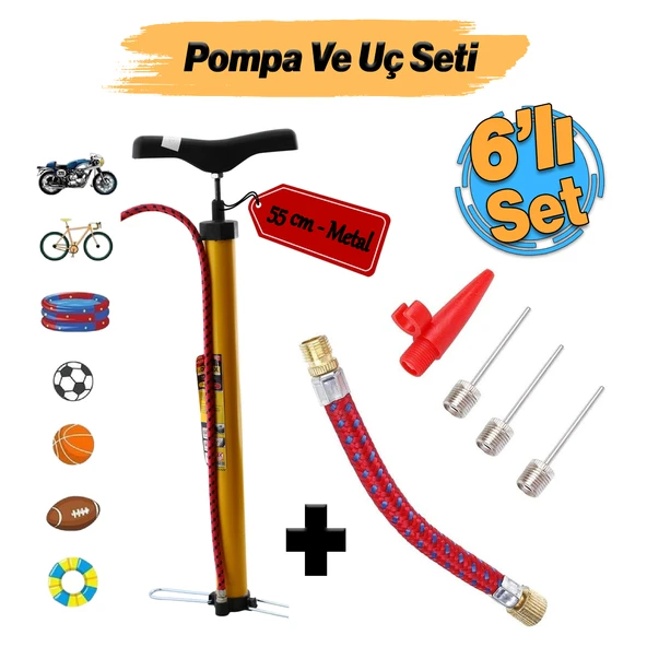 Klasik Bisiklet Pompası ve Uç Seti El Tipi Ayak Tutamaklı Metal Boru Top Lastik Teker Şişirme Uçlu ürün görseli 1