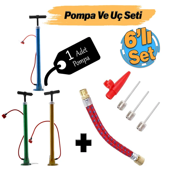 Şişirme Seti Klasik Bisiklet Pompası El Tipi Ayak Tutamaklı Metal Borulu ve Uçlu Top Teker Şambrel ürün görseli 1