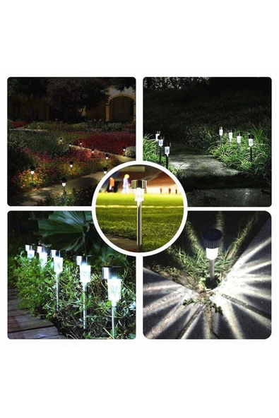 10'LU Metal Gövdeli Saplamalı Beyaz Ledli Işıklı Solar Güneş Enerjili Bahçe Lambası 30 cm Beyaz Led ürün görseli 1