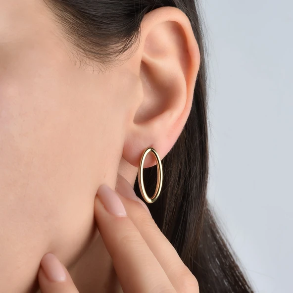 14 Ayar Altın Kaplama Modern Oval Çivili Gümüş Küpe - E00285 ürün görseli 1