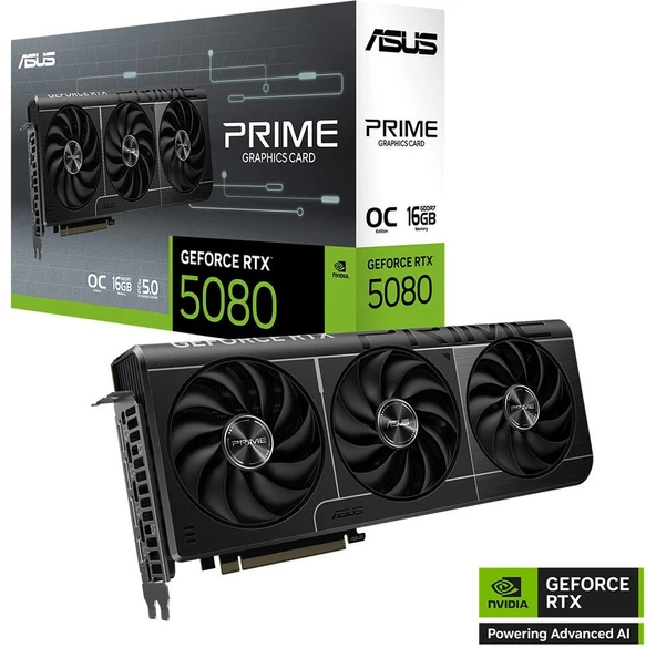 ASUS-PRIME-RTX5080-O16G-NVIDIA-GEFORCE-RTX 5080-16GB GDDR7-256BIT--OC-HDMI-3XDP-DLSS4 Ekran Kartı ürün görseli 1