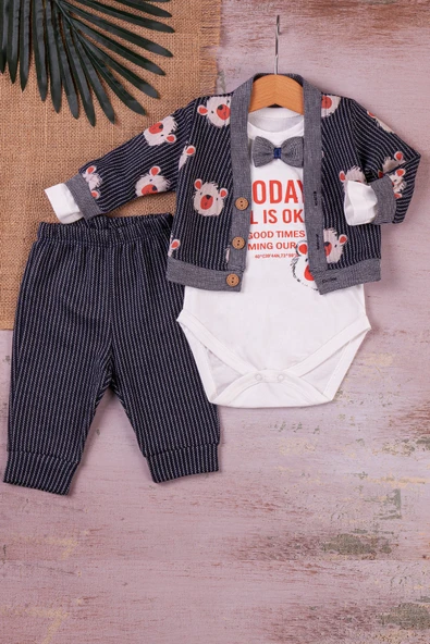 Papyonlu Bear Çizgili Model Ceketli 3'lü Erkek Bebek Takımı ürün görseli 1