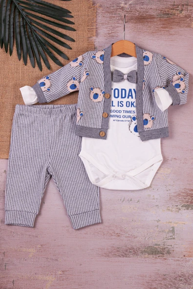 Papyonlu Bear Çizgili Model Ceketli 3'lü Erkek Bebek Takımı ürün görseli 1