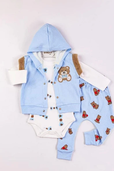 Bear Nakışlı Yelekli 3'lü Erkek Bebek Takımı ürün görseli 1
