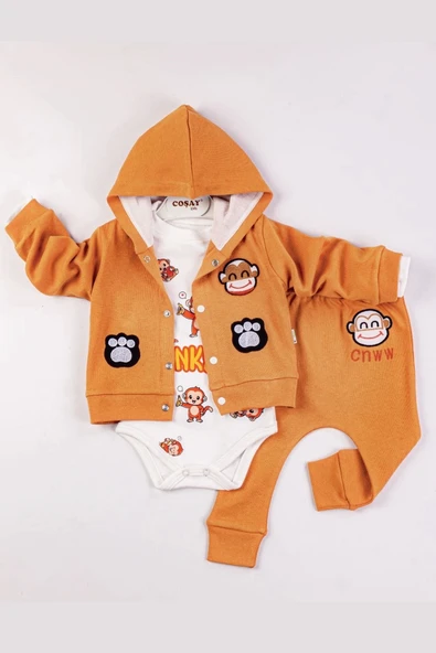 Monkey Nakışlı Kapişonlu Erkek Bebek Takım ürün görseli 1
