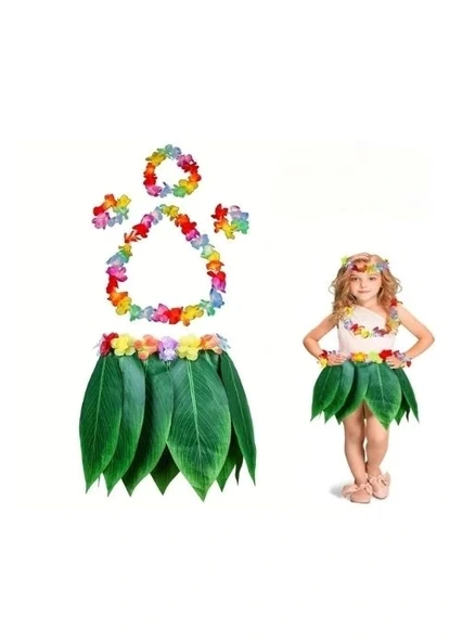 Nessiworld Çocuk Hawaii Kostüm Seti - Yaprak Etek & Hawaii Set - 5 Parça ürün görseli 1