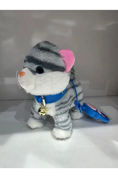Kedi Tasmalı Kumandalı Yürüyen Sevimli Kedi Peluş Kedi Tasmalı Kedi Gri ürün görseli 1