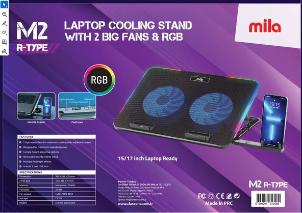 Classone Mila Serisi M2 R-TYPE 13-17 inch RGB Işıklı, 2 Büyük Fan, Telefon Standı,2 USB Notebook Soğutucu Stand - Resim 5