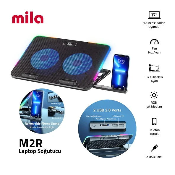 Classone Mila Serisi M2 R-TYPE 13-17 inch RGB Işıklı, 2 Büyük Fan, Telefon Standı,2 USB Notebook Soğutucu Stand ürün görseli 1