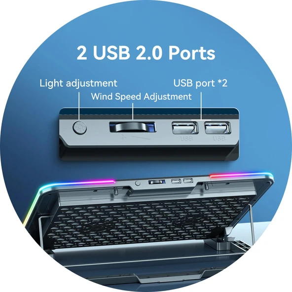 Classone Mila Serisi M2 R-TYPE 13-17 inch RGB Işıklı, 2 Büyük Fan, Telefon Standı,2 USB Notebook Soğutucu Stand - Resim 4