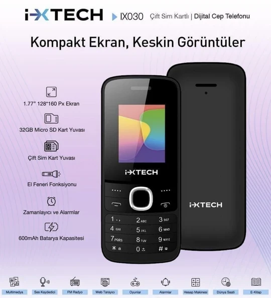 İxtech IX-030 Çift Sim Kartlı Dijital Tuşlu Cep Telefonu KVK Garantili ürün görseli 1