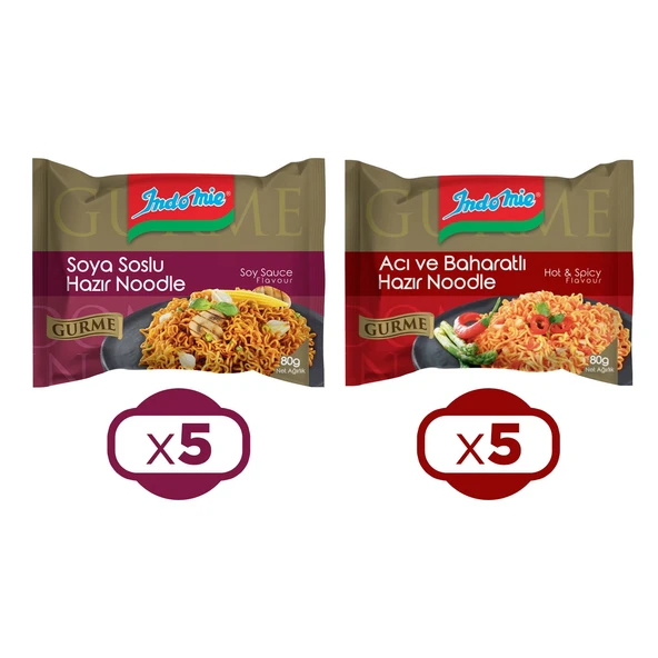 Indomie Noodle Gurme 80 gr Soya Soslu & Acı ve Baharatlı 10 lu Karma Paket ürün görseli 1