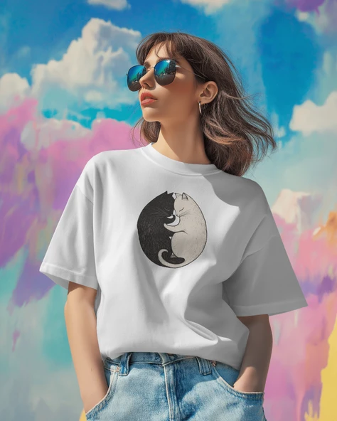 Yin-Yang Kedi Baskılı Kadın Tişört  Minimalist ve Şık Tasarım ürün görseli 1