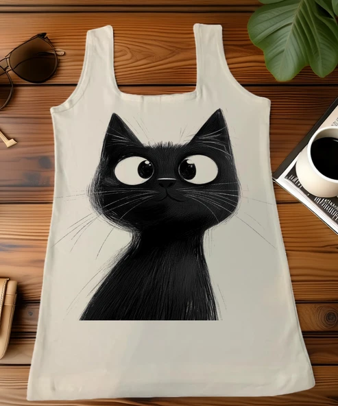 Sevimli Siyah Kedi Baskılı Kadın Atlet   Minimal ve Şık Tasarım ürün görseli 1